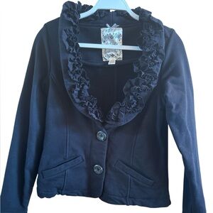 Nick & Mo Woman’s Size Large Black Ruffled Shawl‎ Collar Jacket Buttons
